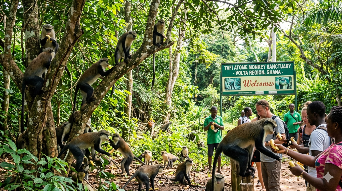 Tafi Atome Monkey Sanctuary – Tafi Atome village, Hohoe District

Community‑protected sacred grove hosting Mona monkeys.

Why visit: You can walk among free‑roaming monkeys, support community ecotourism, and learn about Ewe spiritual traditions.